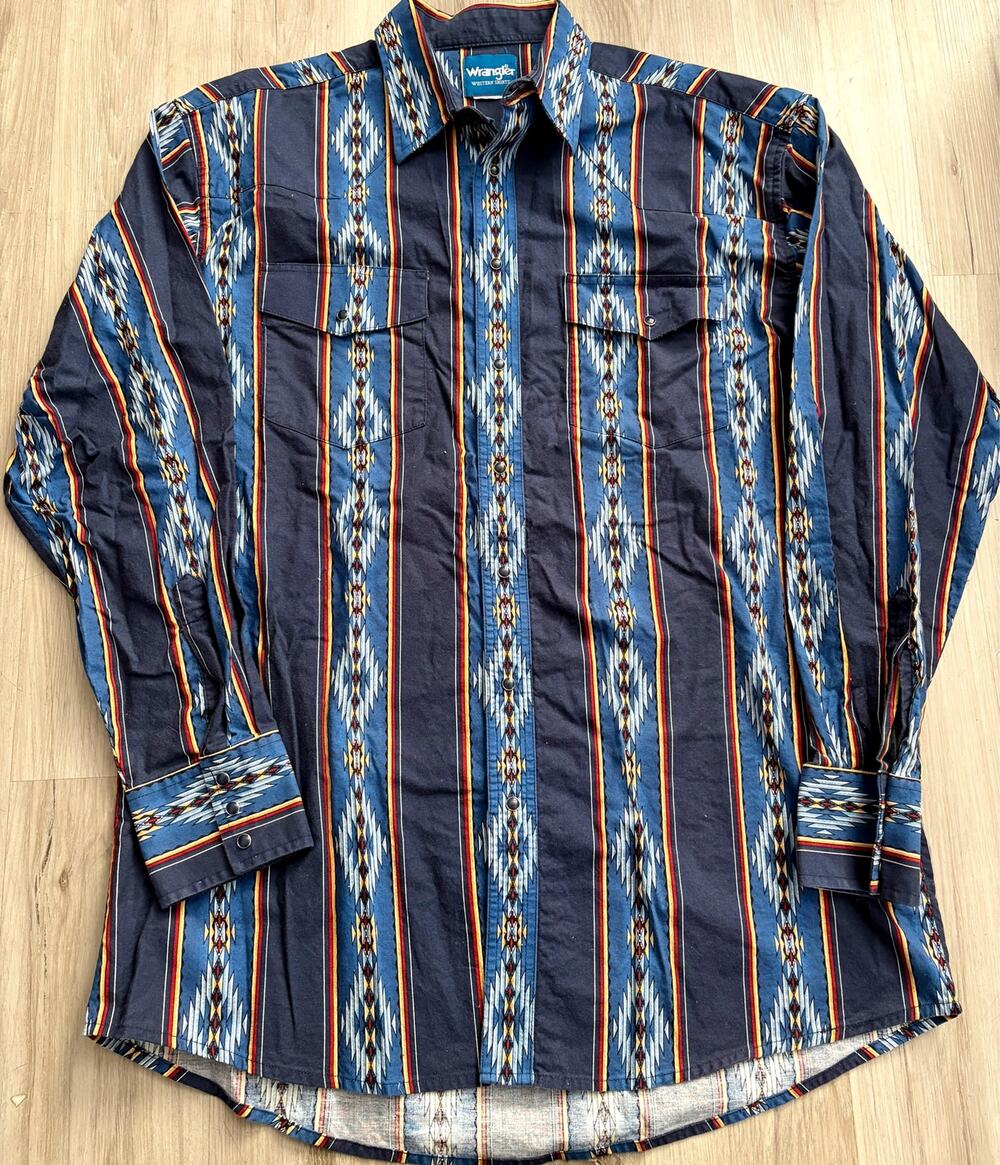 Wrangler VTG Sz 2XL Blue Cowboy Aztec Print Pearl Snap Long Sleeve Western Shirt